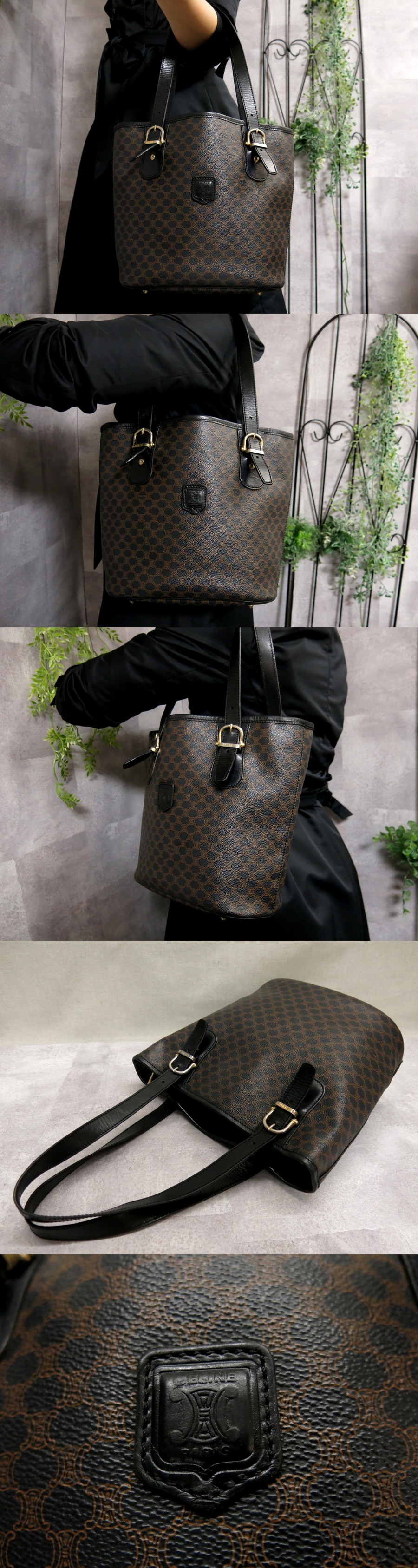 CELINE オールド セリーヌ マカダム PVC レザー 本革 トート バッグ 黒 ...