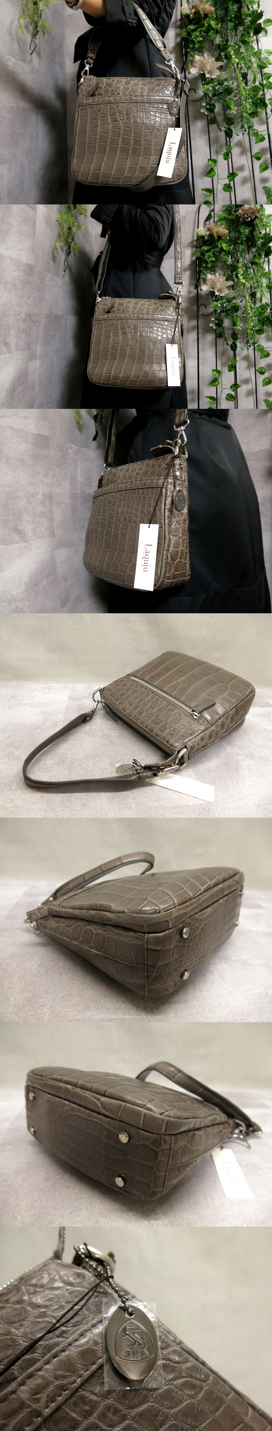 JRA認定 Laquju ラクジュ シャイニングクロコ ワニ革 2way バッグ-