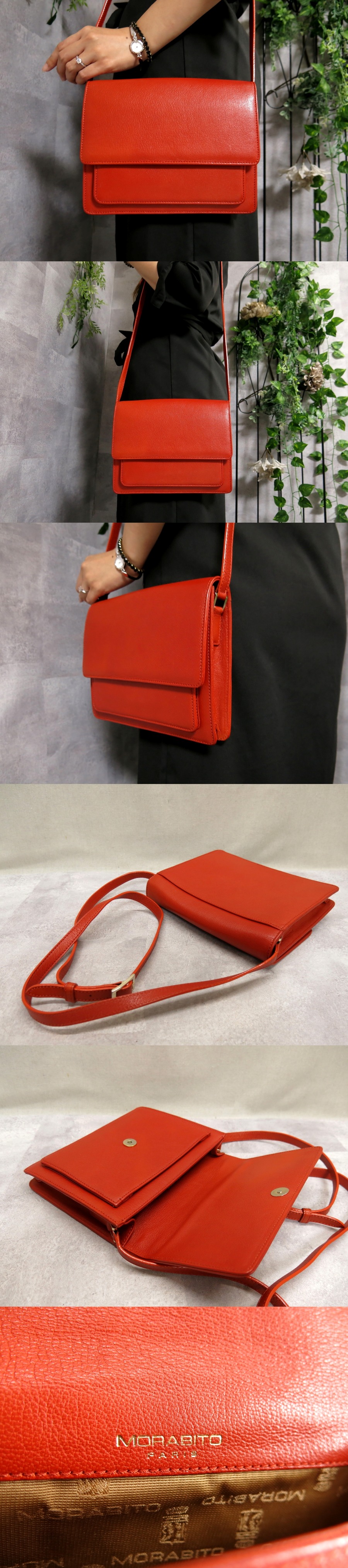 モラビトレザー 赤 ショルダーバッグ フラップ式 ウィメンズ