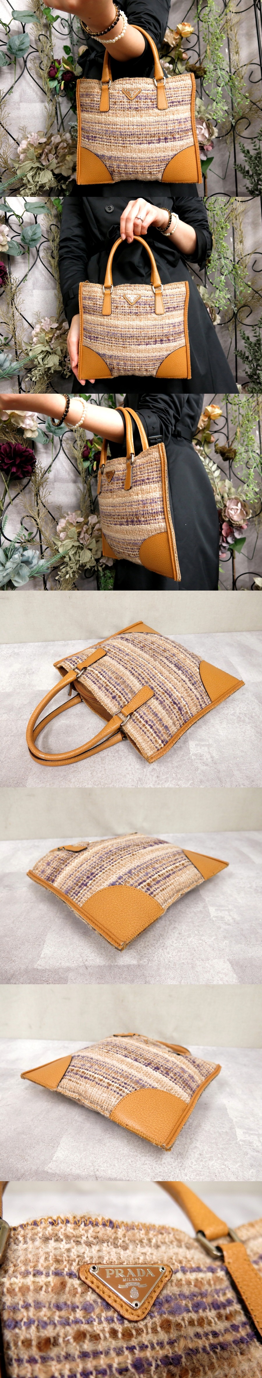 PRADA ニット ハンドバッグ 三角プレートロゴ レザー オレンジ