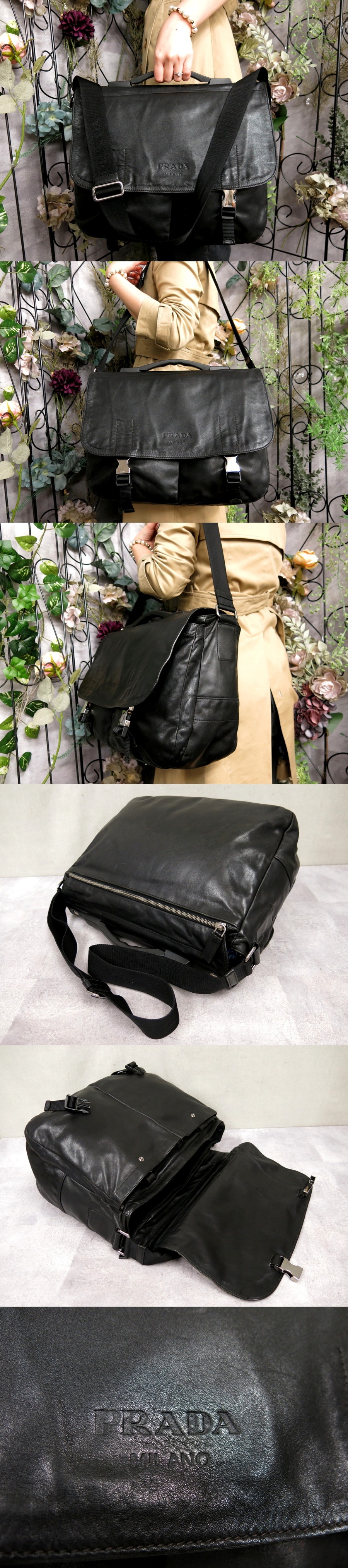 PRADA プラダ カーフ レザー ナイロン ショルダー バッグ 黒 PRADA