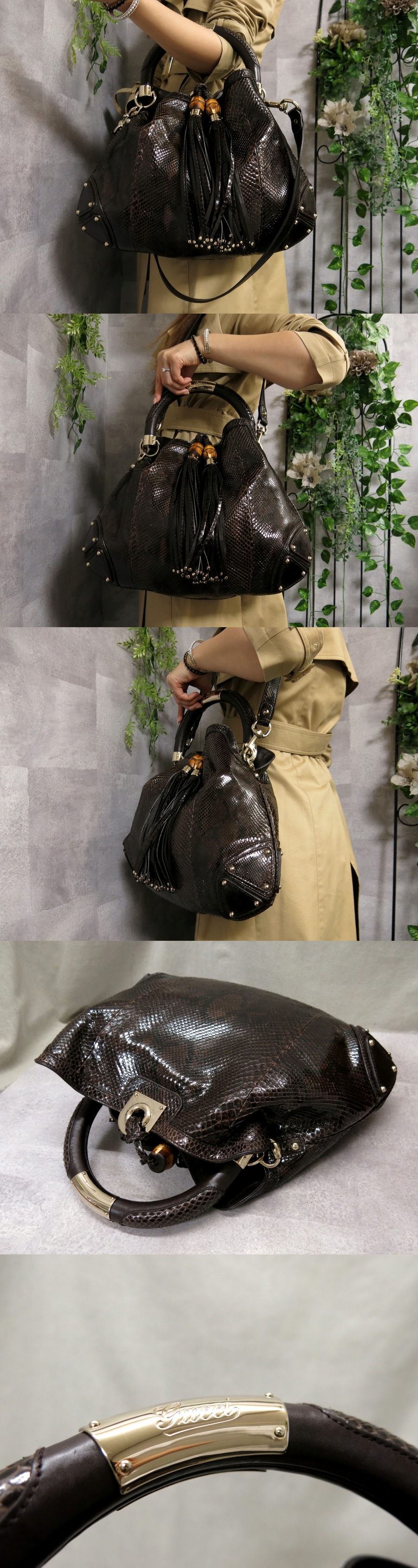 値下げ・GUCCI インディバンブータッセル付2WAYハンド＆ショルダーブラウン