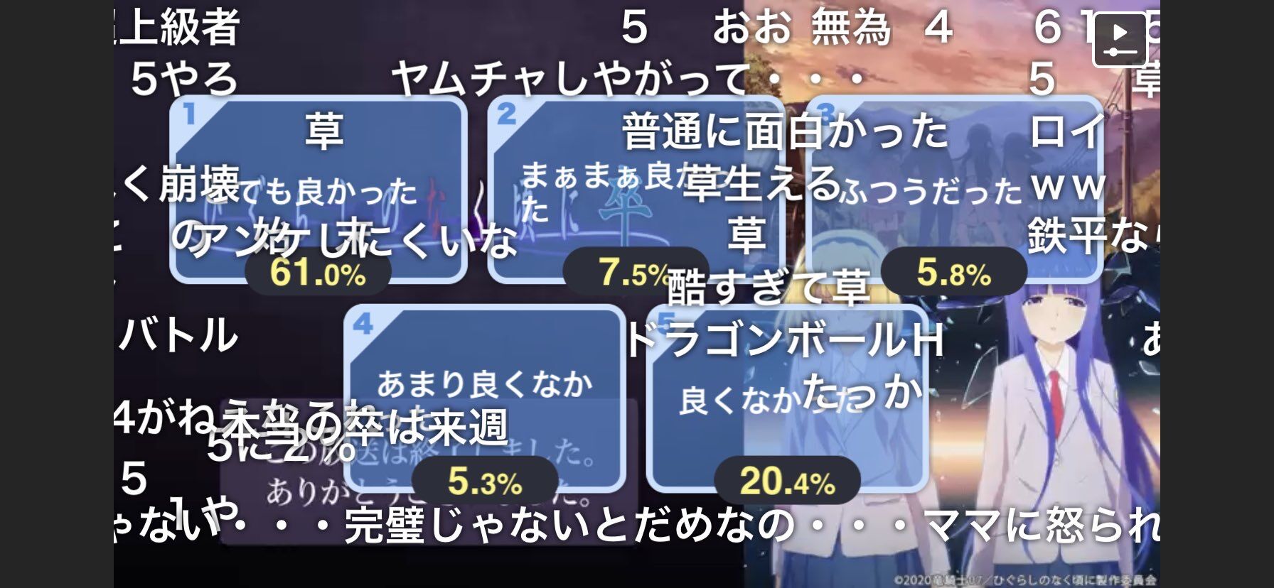 まとめ ひぐらし最終回のニコ生アンケートの結果これらしいねまごう事なき糞アニメだろwwwwww アニメまとめチャンネル まとめ ひぐらし最終回のニコ生アンケートの結果これらしいねまごう事なき糞アニメだろwwwwww アニメまとめチャンネル
