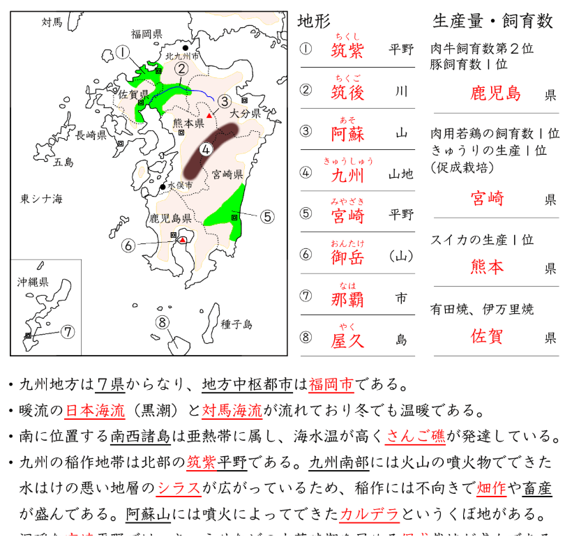 中学地理 九州地方の重要語句 個人塾 個人指導の教材