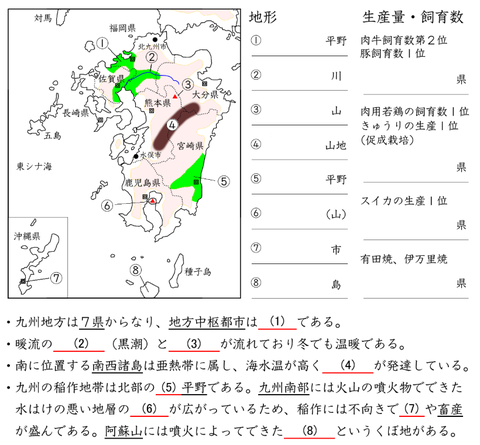 中学地理 九州地方の重要語句 個人塾 個人指導の教材