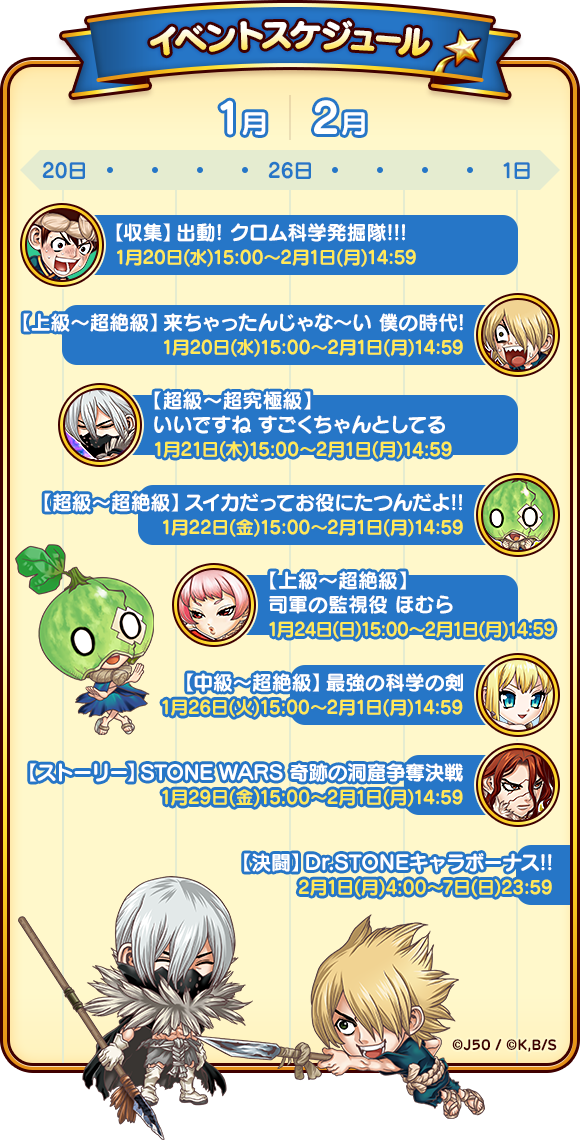 これは唆るぜ 1月日より ジャンプチ大特集祭 Dr Stone編 科学vs武力 開催 ジャンプチヒーローズ公式ブログ これは唆るぜ 1月日より ジャンプチ大特集祭 Dr Stone編 科学vs武力 開催 ジャンプチヒーローズ公式ブログ