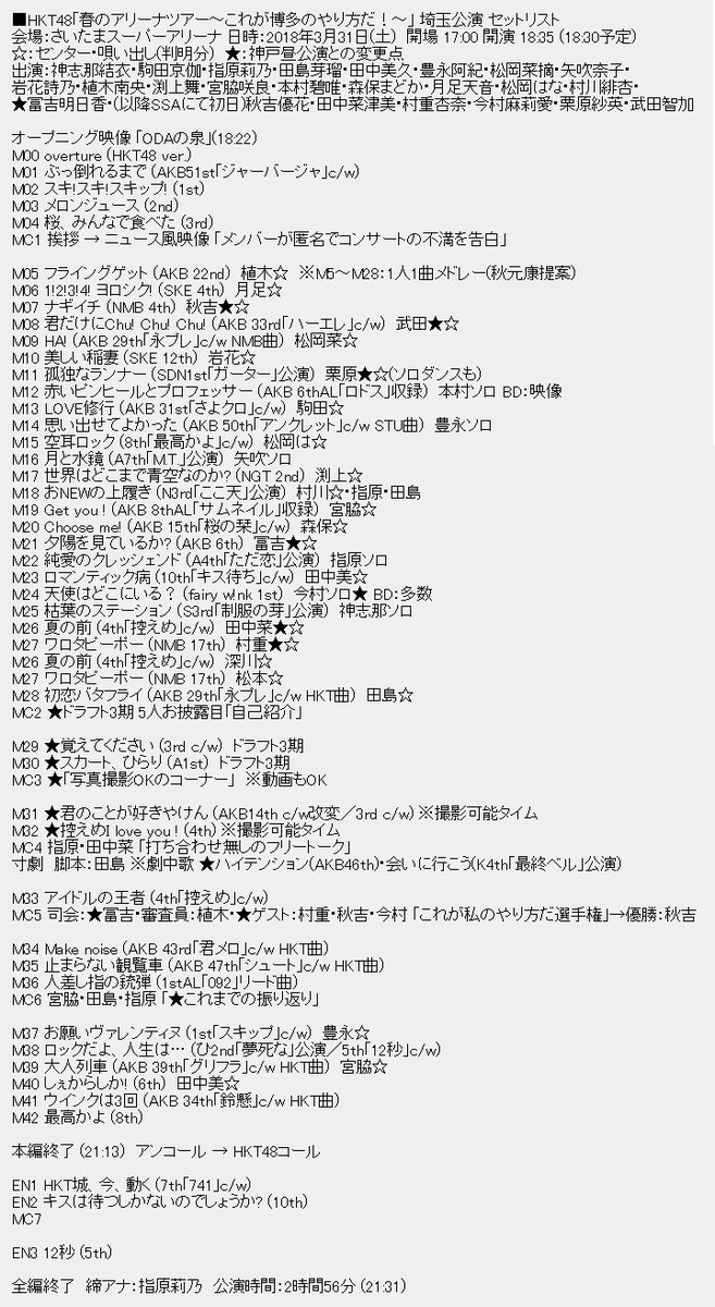 Hkt48 Hkt48春のアリーナツアー18 これが博多のやり方だ Ssaセットリストなどまとめ ドラフト3お披露目 撮影タイムあり あとで追加更新情報 Hkt48まとめ いもまと いえーいよっぴ見てるー