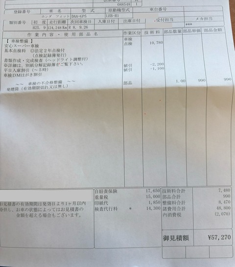 【画像】13年落ち12万キロボロボロハイブリッドの車検金額ｗｗｗｗｗｗ