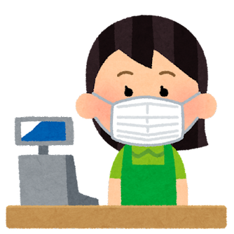 お会計後に店員が「どうぞ」と言いながらレジ台に商品を置き、その後に買い物カゴを後ろに片付ける。