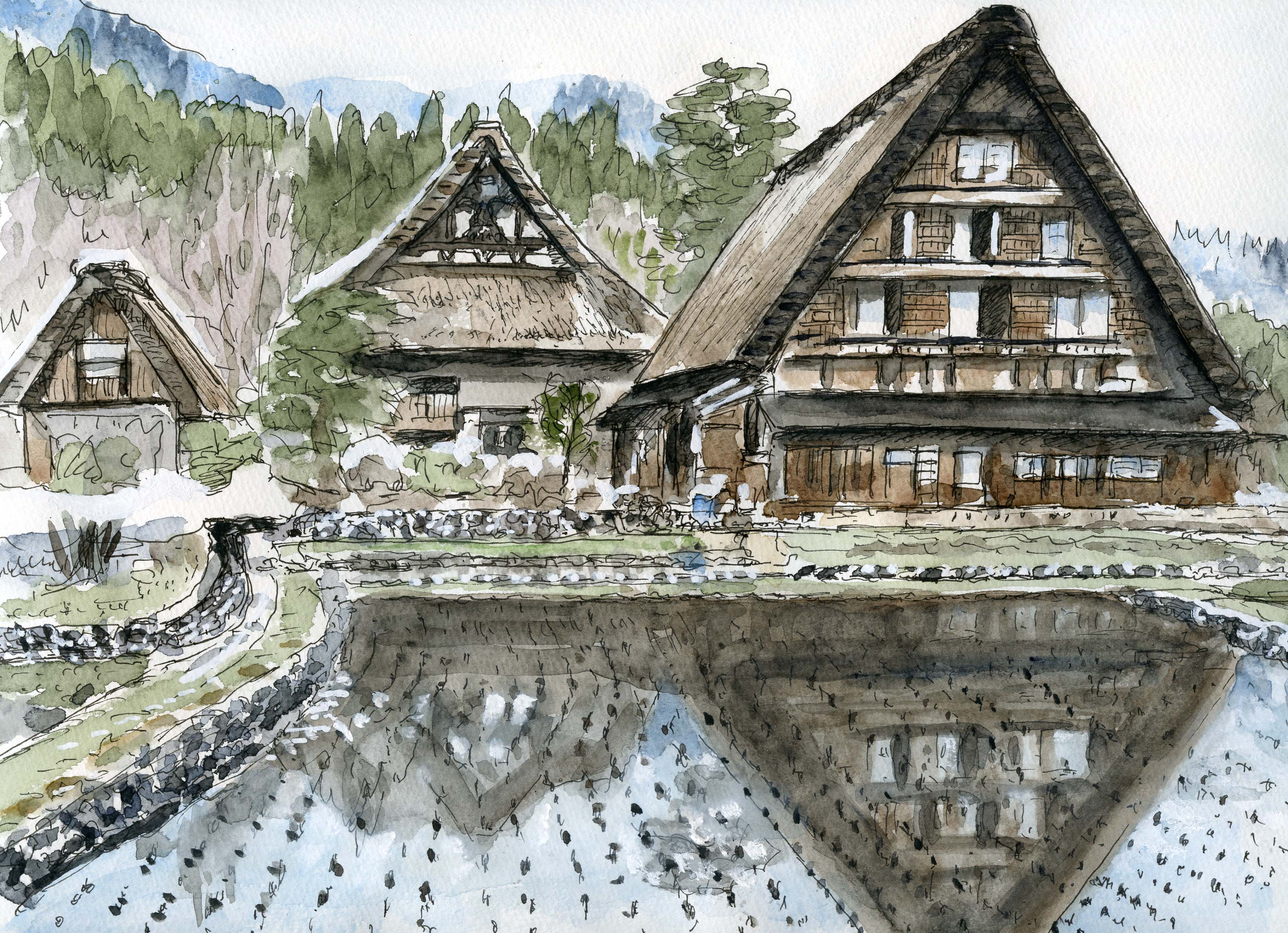 名入れ無料 水彩画 白川郷にてー母と子 絵画 タペストリ Www Smithsfalls Ca