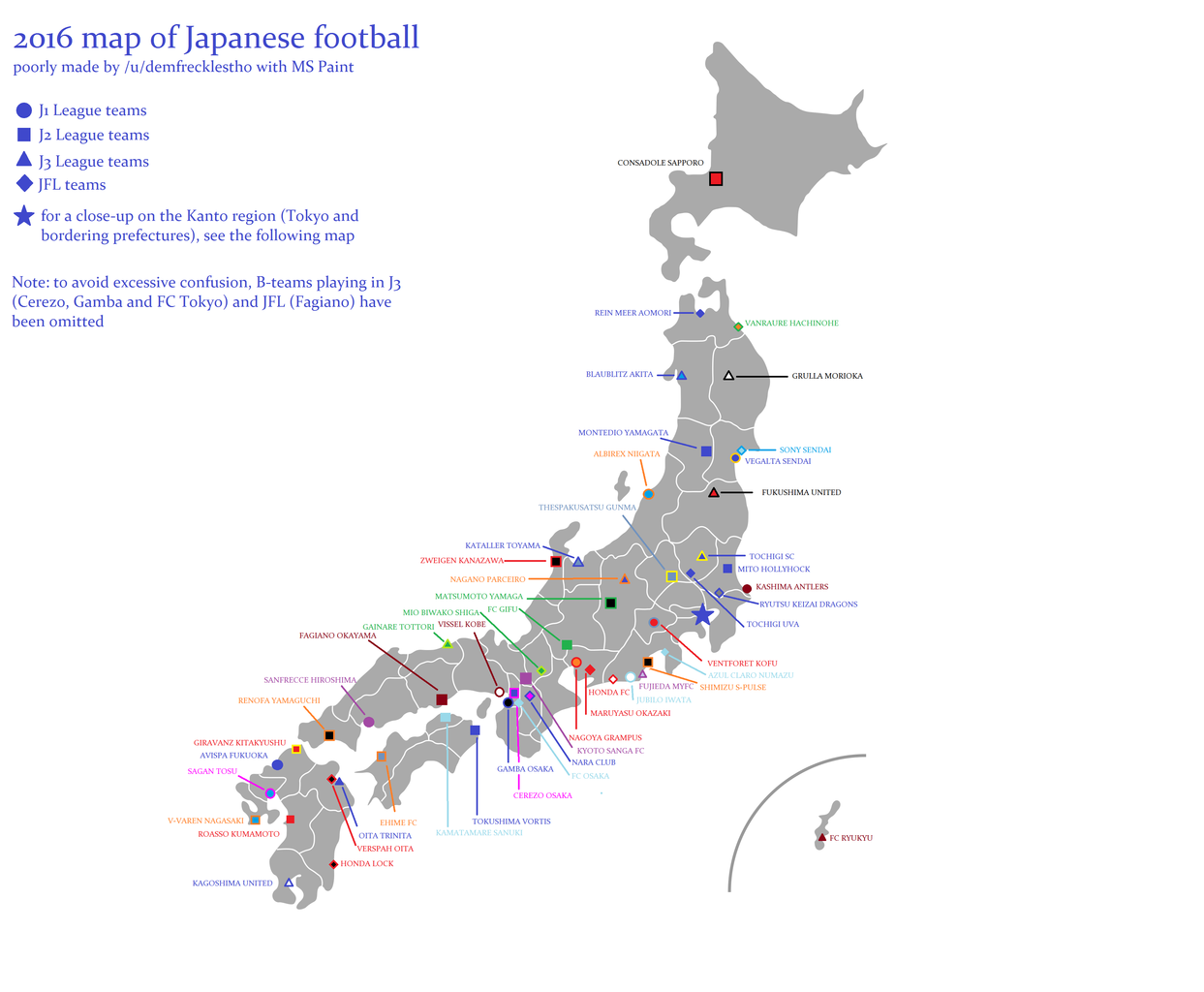 日本のサッカーチームの所在地を示した日本地図 海外の反応 ワールドサッカーファン 海外の反応