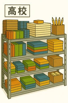 高校の倉庫にある4段の棚に、大量のノート
