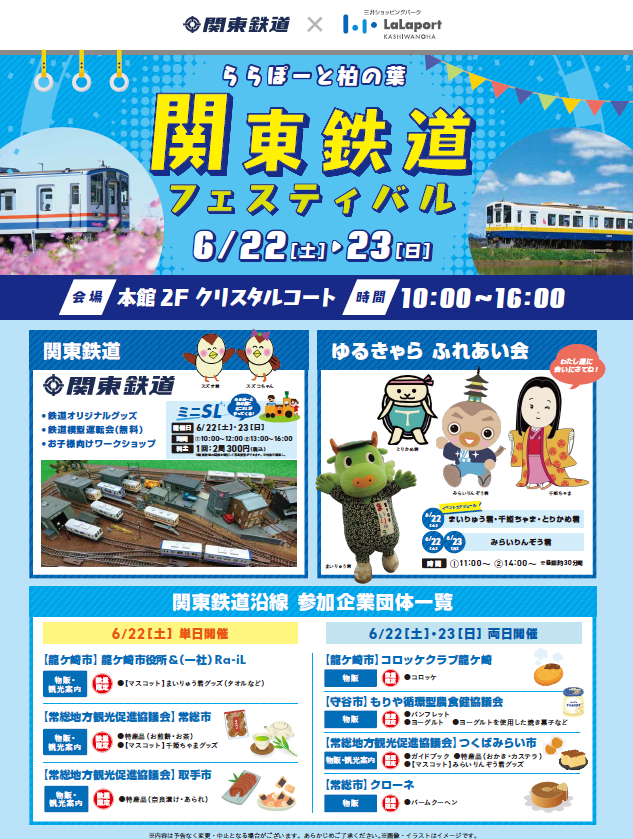 「ららぽーと柏の葉」で「関東鉄道フェスティバル」が6月22日と23日に開催