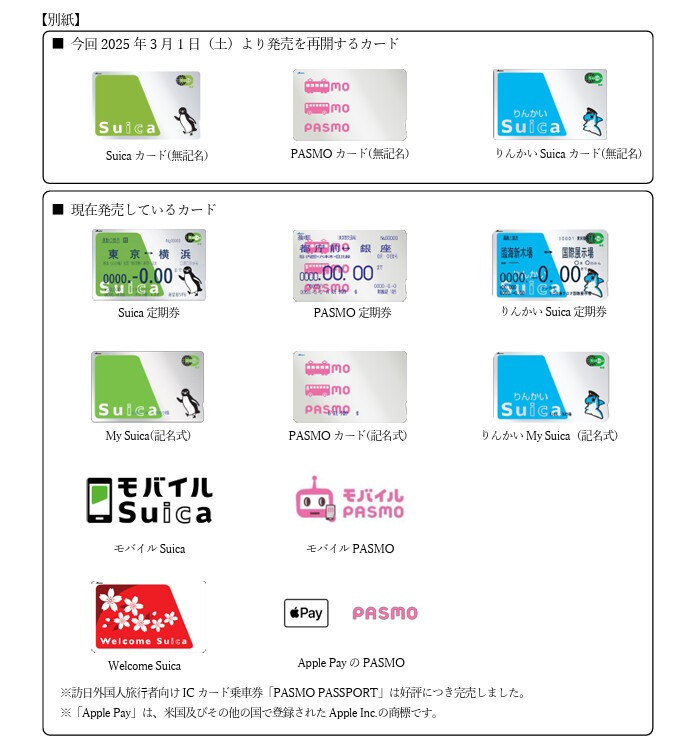 無記名の「Suica」・「PASMO」カード発売が3月1日から再開
