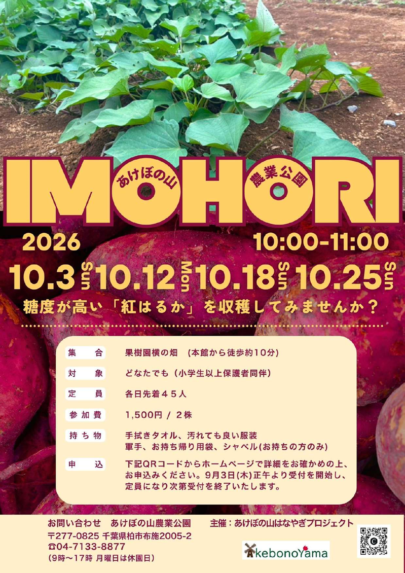 「あけぼの山農業公園」で「いもほり！収穫体験」が10月3日・12日・18日・25日に開催