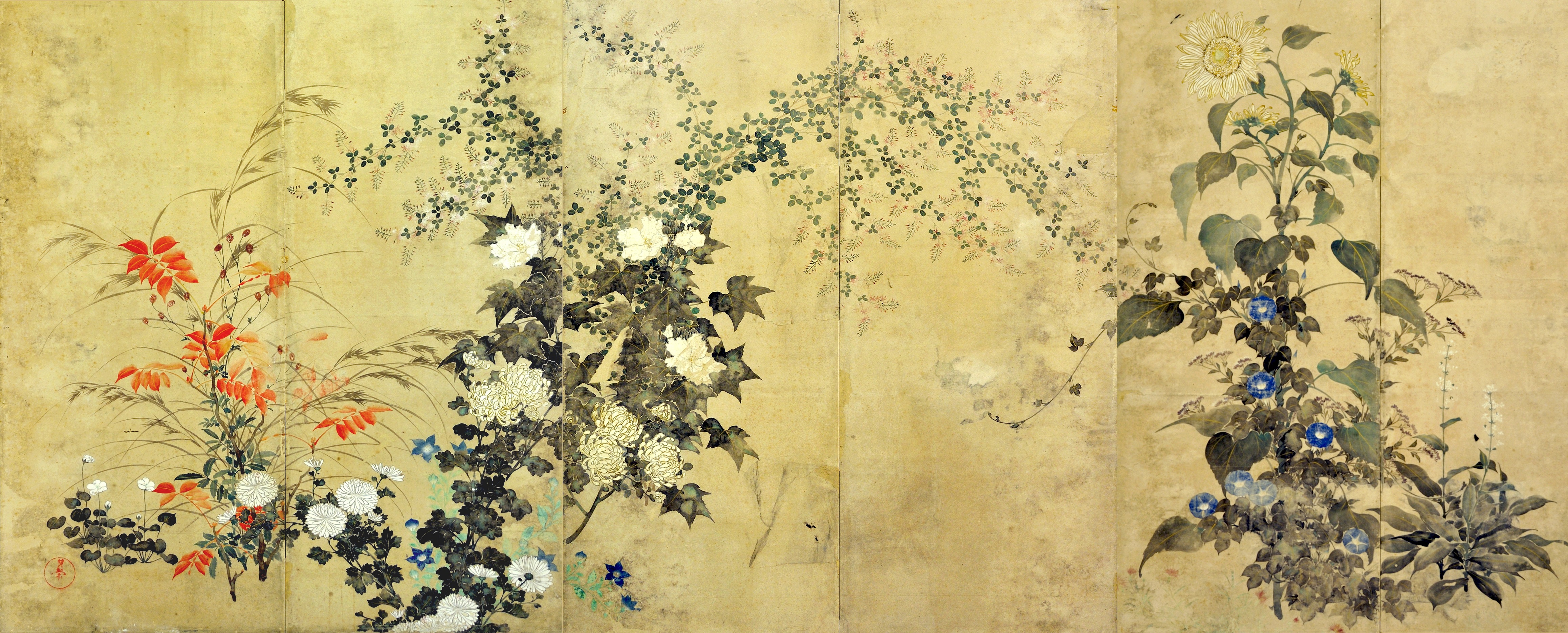 【真作】【複製】複製画　鈴木其一　琳派風華麗な草花図　四季の彩り　V3 鈴木其一 椿に楽茶碗と花鋏図 | Toward the Way of Tea