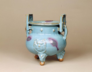 3_5澱青釉紫紅斑双耳香炉