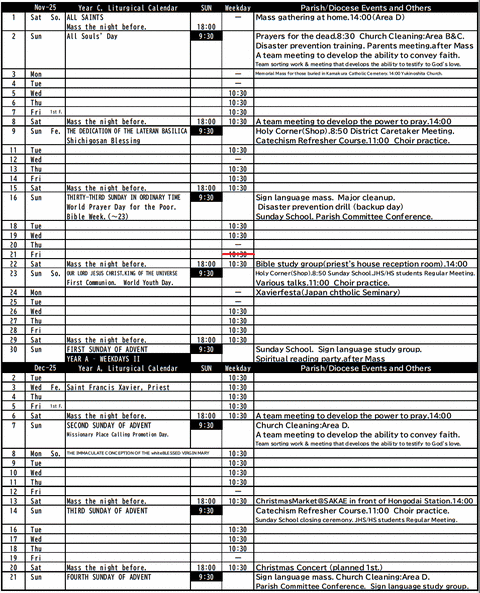 church schedule table for November 2025