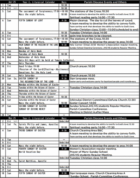 church schedule table for April 2025