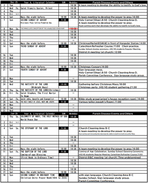church schedule table for December 2025