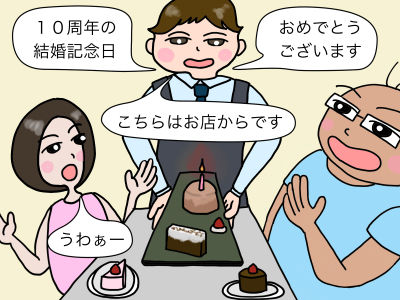 「えっ」「10周年の結婚記念日、おめでとうございます こちらはお店からです」