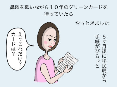 鼻歌を歌いながら10年のグリーンカードを待っていたらやっときました。5ヶ月後に移民局から手紙がピラッと 「えっこれだけ?カードは?」