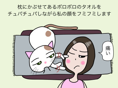 枕にかぶせてあるボロボロのタオルをチュパチュパしながら私の顔をフミフミします 「痛い」