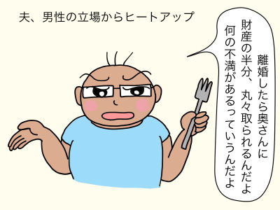 夫、男性の立場からヒートアップ「離婚したら奥さん、財産の半分、丸々取られるんだよ 何の不満があるっていうんだよ」