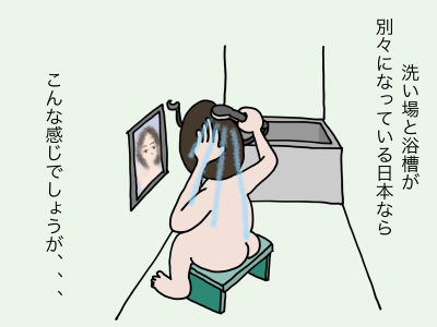 洗い場と浴槽が別々になっている日本ならこんな感じでしょうが、、、