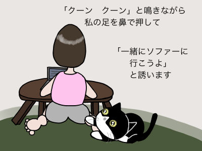 「クーン クーン」と鳴きながら私の足を鼻で押して「一緒にソファーに行こうよ」と誘います