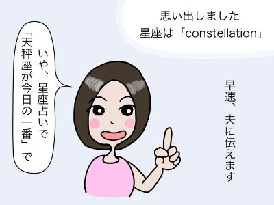思い出しました。星座は「constellation」いや、星座占いが「天秤座が今日の一番で」