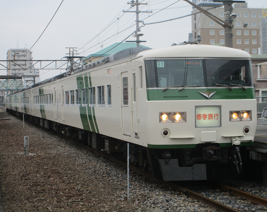 両毛線 修学旅行臨-185系ストライプ- ＠足利 : かめの出札窓口S