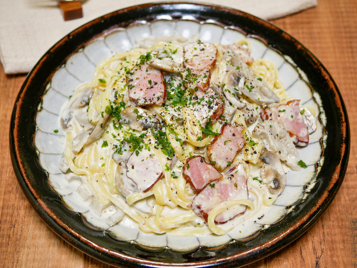 蓮根とベーコンのクリームパスタ1-2