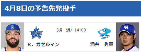 明日(4/8)の予告先発　DeNAガゼルマン×中日涌井　石田のスライドは無し