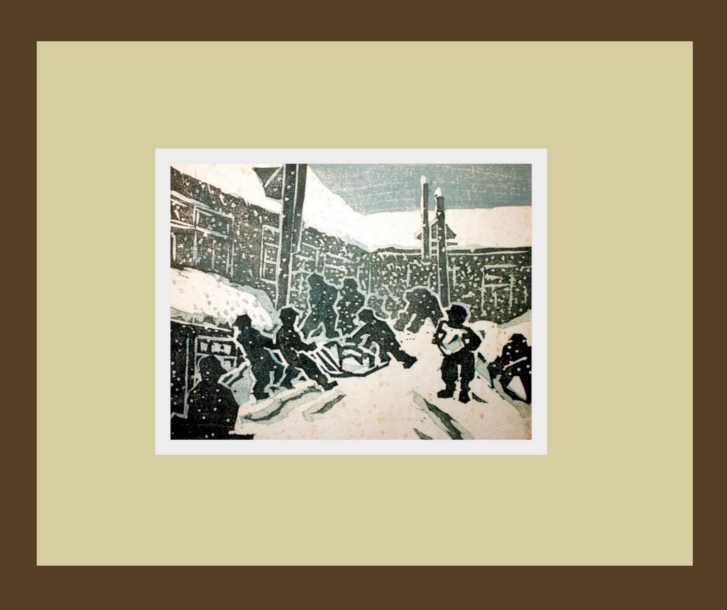 初期版画、教師としての目線-8、「雪上運動会準備」 : 金子誠治