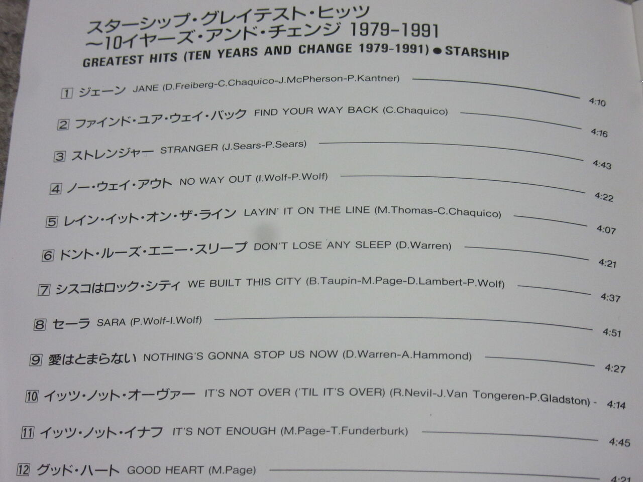 STARSHIPのベスト盤「GREATEST HITS（TEN YEARS AND CHANGE 1979-1991 