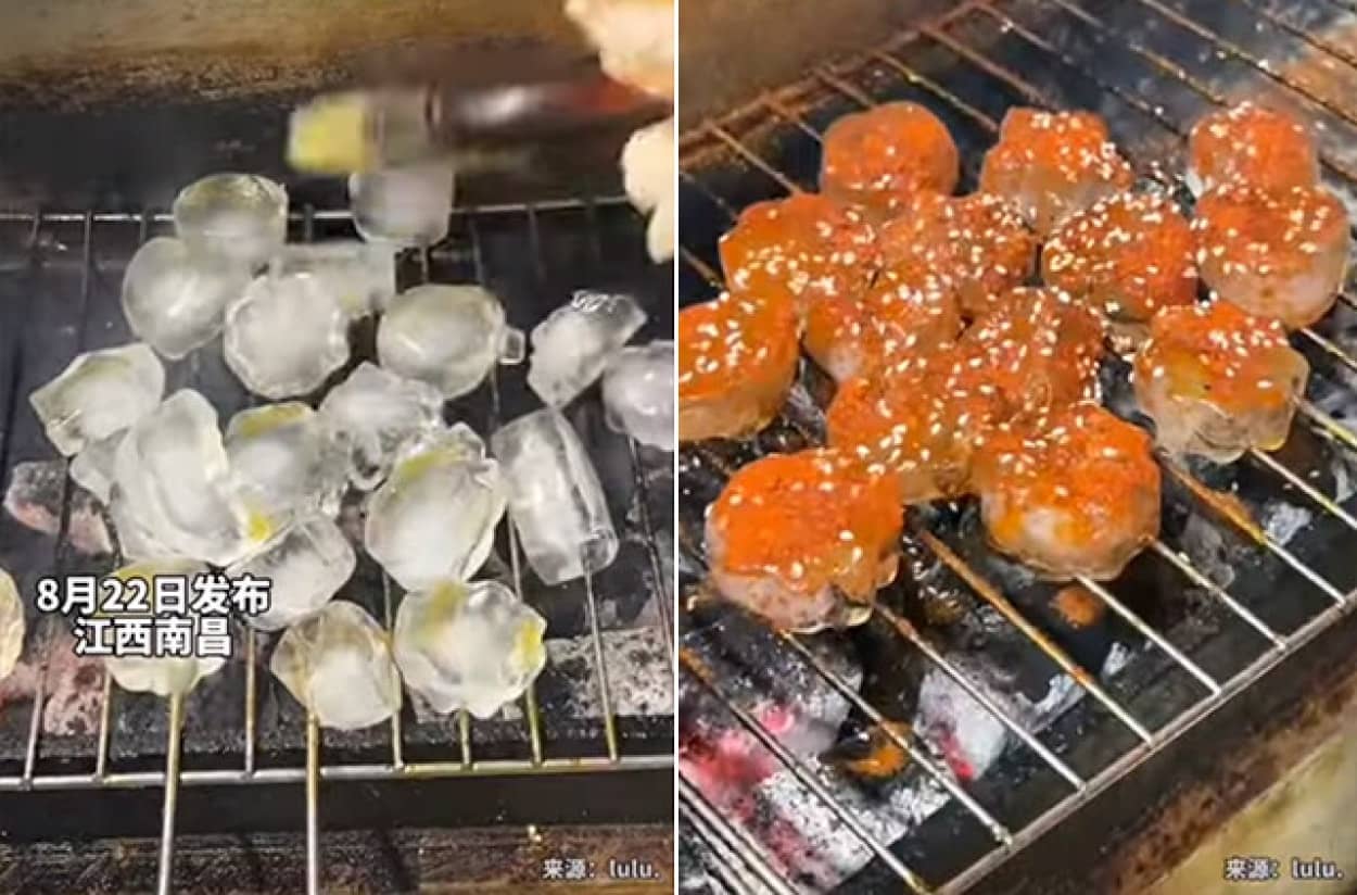 氷に調味料をくわえて網焼きにする謎メニュー「焼き氷」
