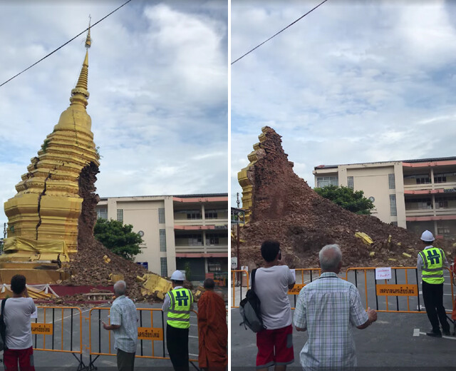 大雨で崩壊した仏塔から隠された財宝が現れる！拝む僧侶たち