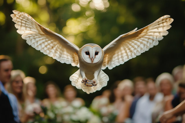 結婚式で結婚指輪を運ぶ役目を担ったフクロウが、指輪を持ったまま飛び去ってしまう