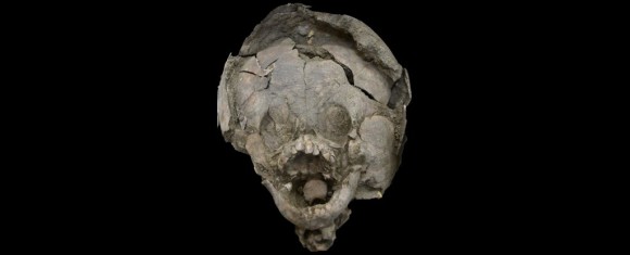 人間の子供の頭蓋骨で作られたヘルメットをかぶった状態で埋葬されていた古代の幼児（エクアドル）