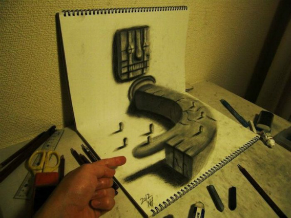 平面なのに飛び出す絵本 鉛筆で描いた３dトリックアート Hide Art 動画あり カラパイア