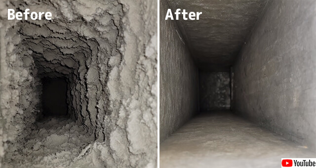 お掃除すっきり動画。47年間溜め続けた空調ダクトの埃の除去ビフォア・アフター