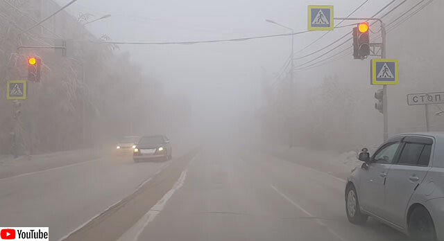 路面凍結待ったなし。外気温-49℃、ロシア・ヤクーツクの車窓映像