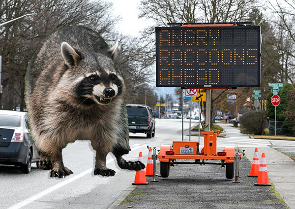 「怒ったアライグマが出没、前方注意」道路わきの掲示板の警告に住民困惑