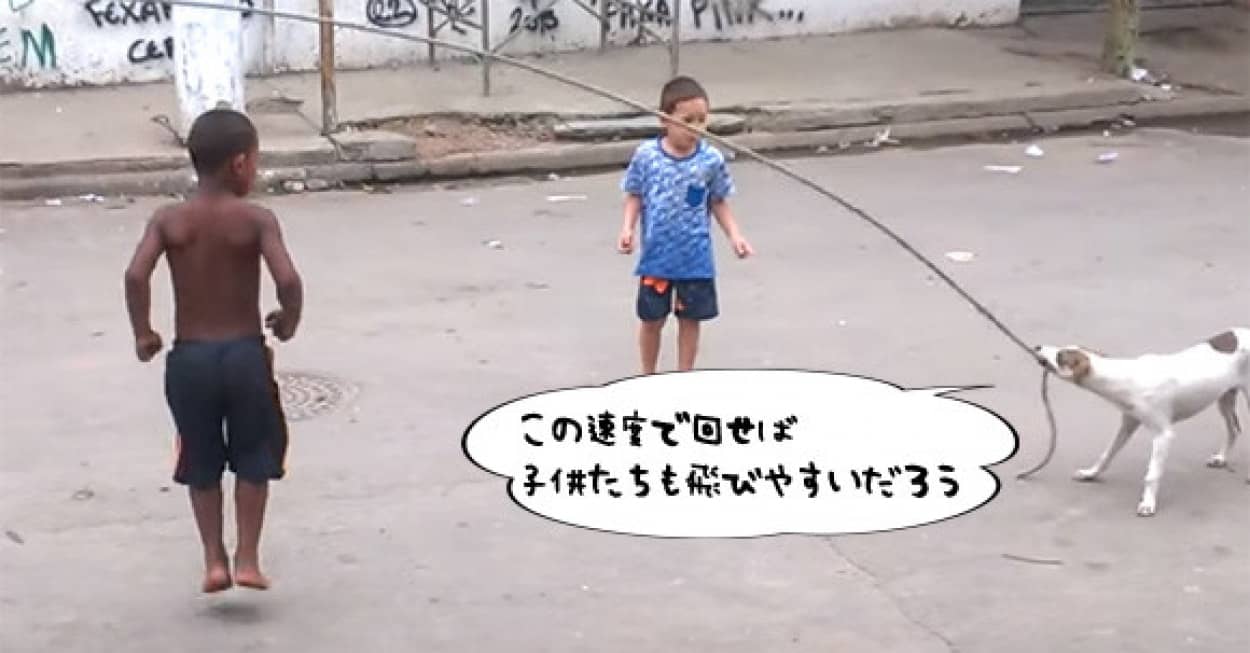 かしこかわいい 子供の縄跳びの縄回し役をこなす犬 カラパイア