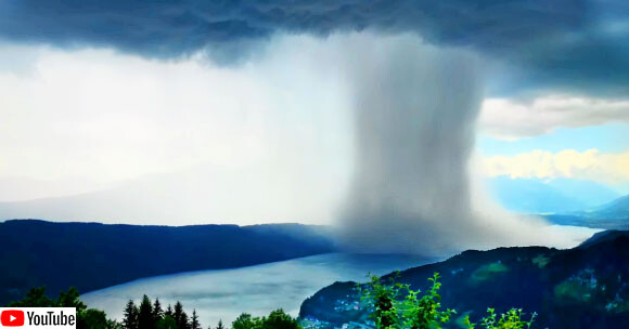 バケツをひっくり返したような集中豪雨が湖に波を起こす瞬間のタイムラプス動画