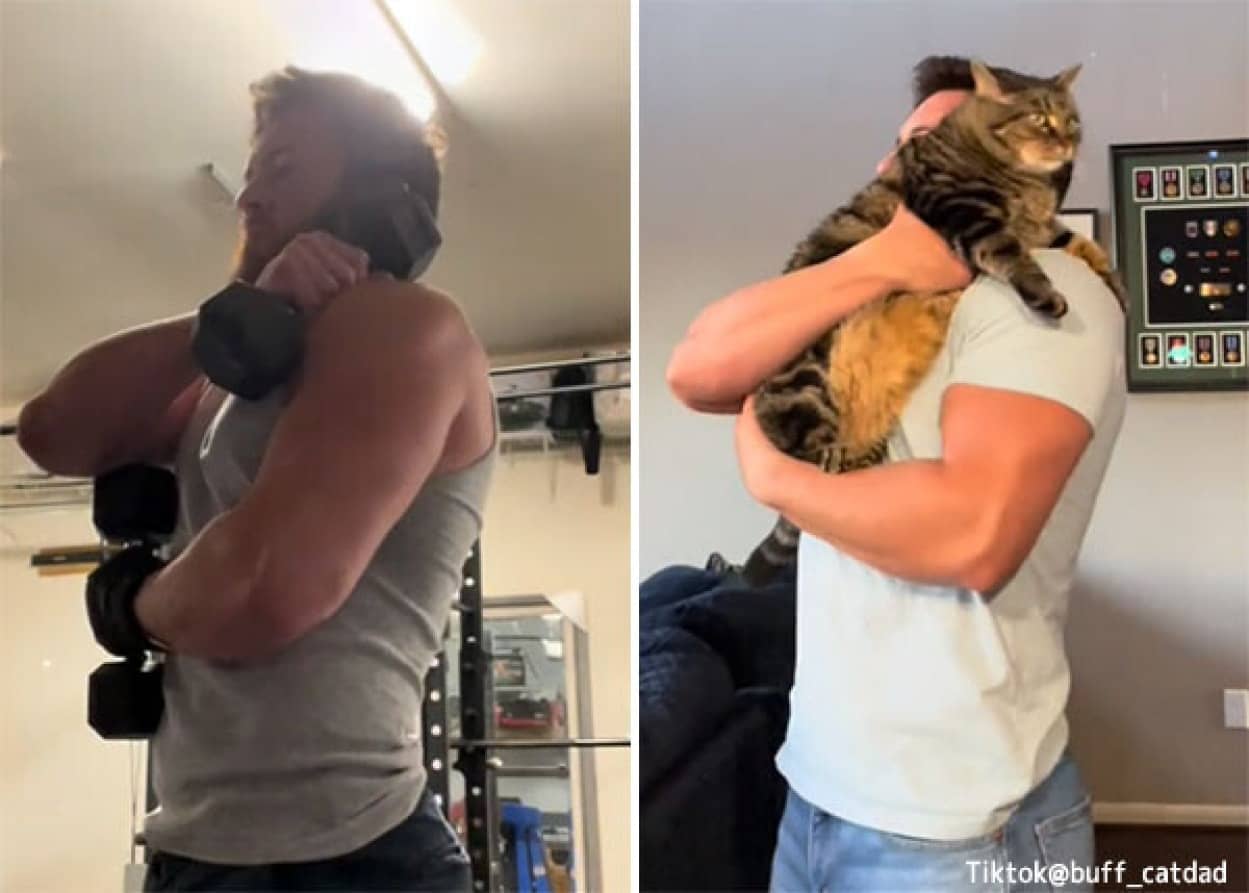 猫のために特定の筋肉を鍛えている男性