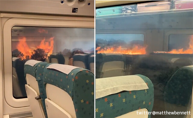 ヨーロッパを襲う熱波、山火事に囲まれた列車が緊急停車する事態に