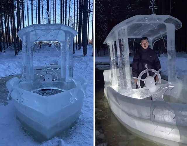 すごいだろ、氷でできてるんだぜ。水に浮いて乗ることもできる氷の船