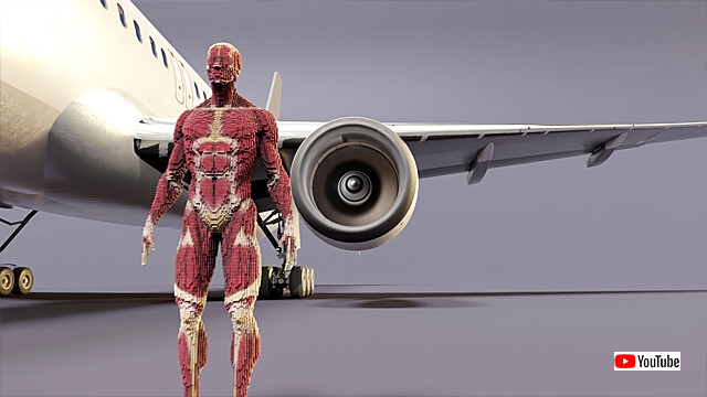 もし人間が飛行機のジェットエンジンに吸い込まれたらどうなるのか？CGシミュレーション動画
